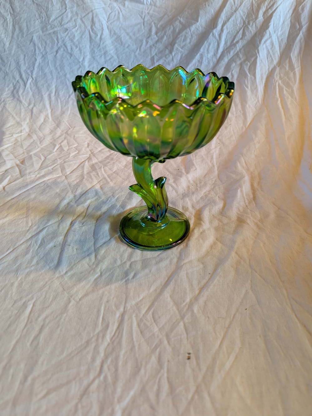 2/80$ Indiana Glass Iridescent Green tulip Compote Dish